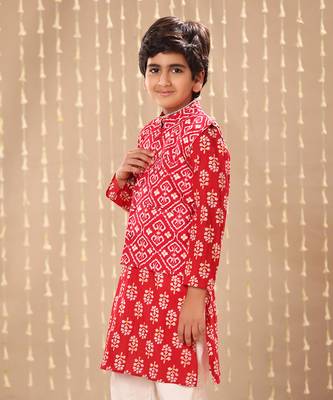 Red jaipuri floral printed kurta set with red ikat print jacket 3