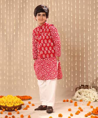 Red jaipuri ikat printed kurta set with red floral print jacket 1