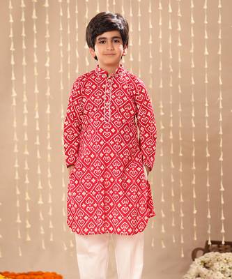 Red ikat printed short kurta set 1