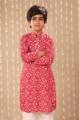 Red ikat printed short kurta set