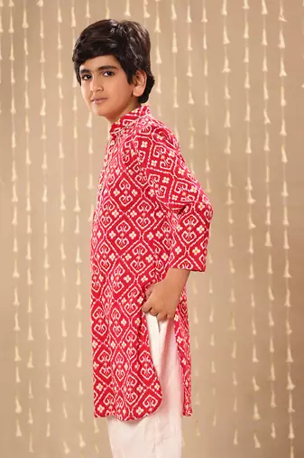 Red ikat printed short kurta set