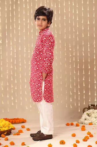 Red ikat printed short kurta set