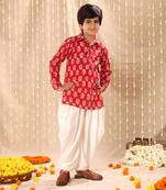 Red floral  printed short kurta with dhoti