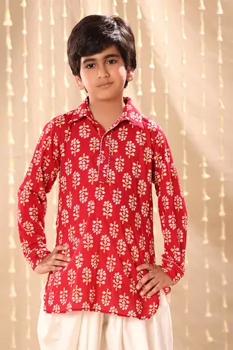 Red floral  printed short kurta with dhoti