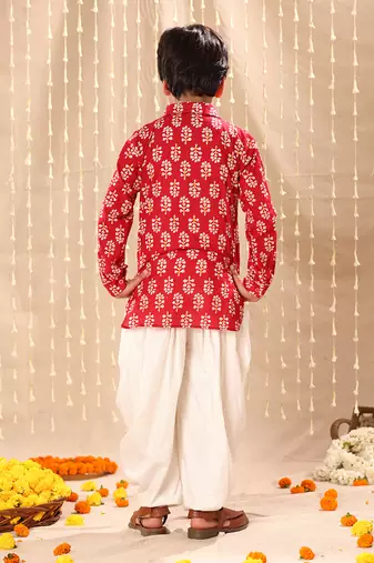 Red floral  printed short kurta with dhoti
