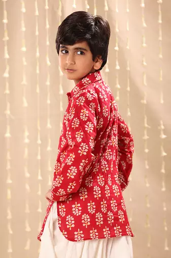 Red floral  printed short kurta with dhoti