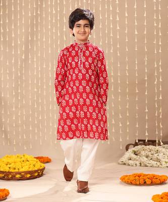 Red jaipuri floral printed long kurta co-ord set 1