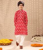 Red jaipuri floral printed long kurta co-ord set