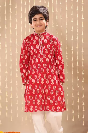 Red jaipuri floral printed long kurta co-ord set
