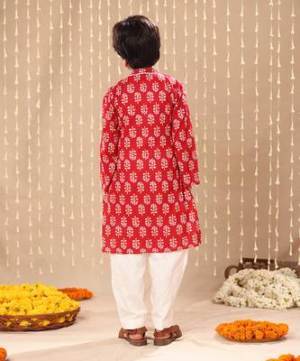 Red jaipuri floral printed long kurta co-ord set 4