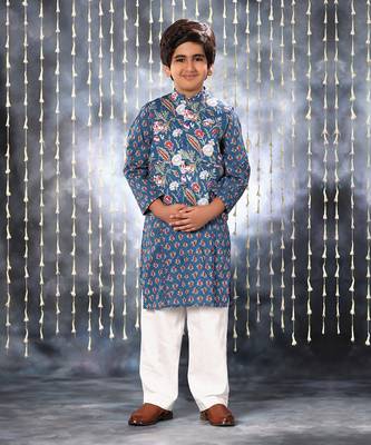 Blue jaipuri buti printed kurta set and blue floral jacket 1