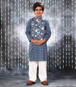 Blue jaipuri buti printed kurta set and blue floral jacket
