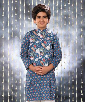 Blue jaipuri buti printed kurta set and blue floral jacket 2