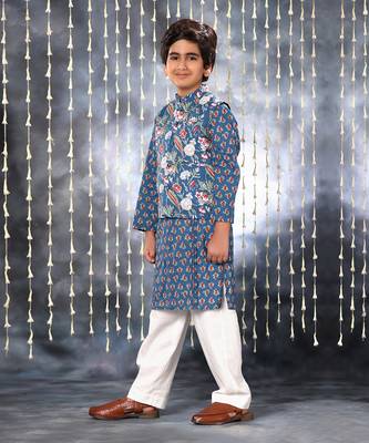 Blue jaipuri buti printed kurta set and blue floral jacket 3