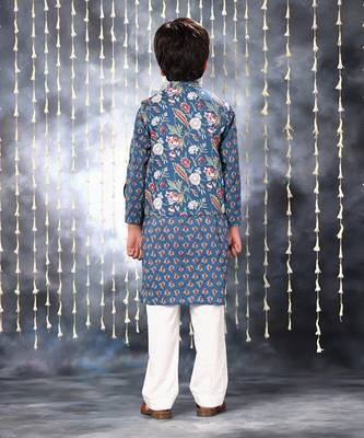Blue jaipuri buti printed kurta set and blue floral jacket 4
