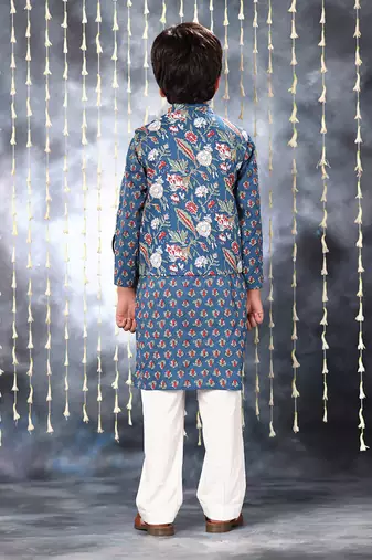 Blue jaipuri buti printed kurta set and blue floral jacket