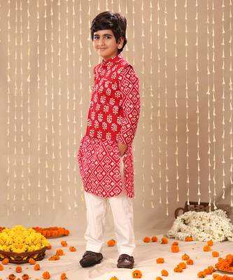 Red jaipuri floral printed Kurta pyjama With jacket 3