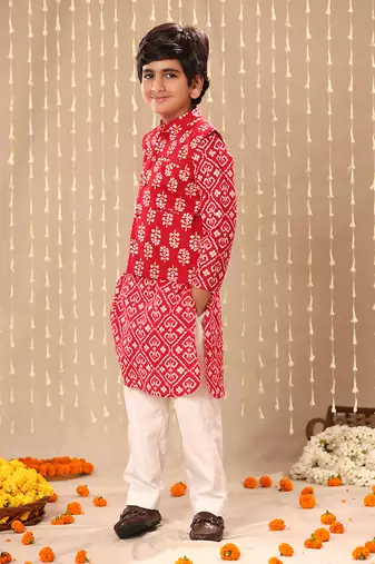 Red jaipuri floral printed Kurta pyjama With jacket