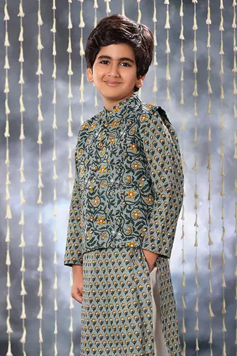Grey jaipuri floral printed jacket