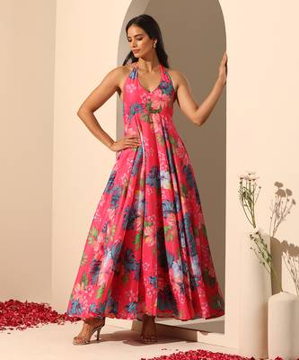 Pink muslin halter neck dress 1