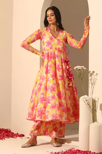 Yellow muslin angrakha set