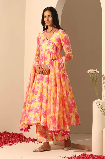 Yellow muslin angrakha set