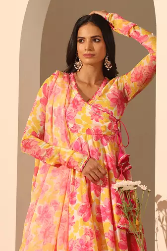 Yellow muslin angrakha set
