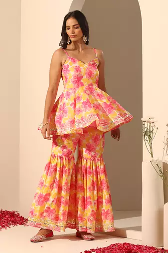 Yellow muslin sharara set