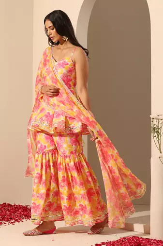Yellow muslin sharara set