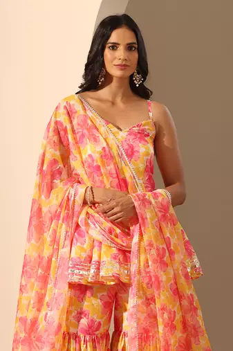 Yellow muslin sharara set
