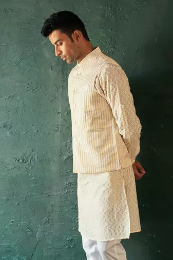 Ivory tissue stripe nehru jacket