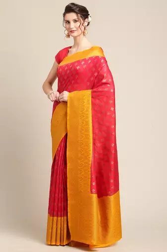Red woven dupion silk saree with blouse