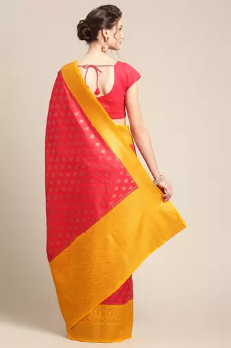 Red woven dupion silk saree with blouse