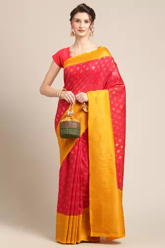 Red woven dupion silk saree with blouse
