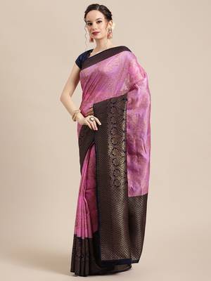 Pink woven dupion silk saree with blouse 3