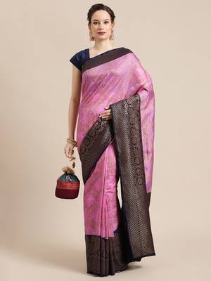Pink woven dupion silk saree with blouse 4