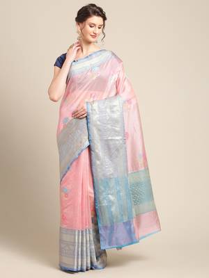 Pink woven tissue saree with blouse 1