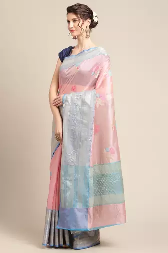 Pink woven tissue saree with blouse