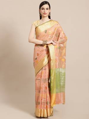 Peach woven tissue saree with blouse 1