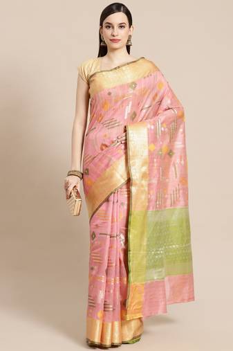 Pink woven tissue saree with blouse