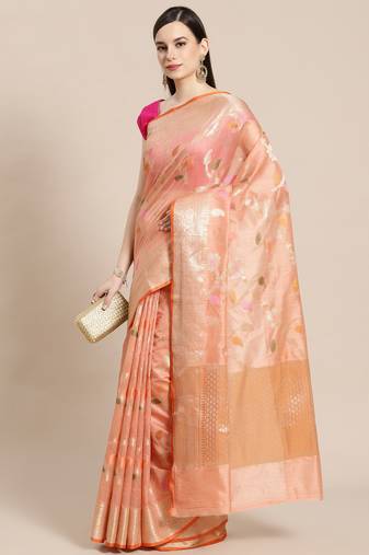 Pink woven tissue saree with blouse