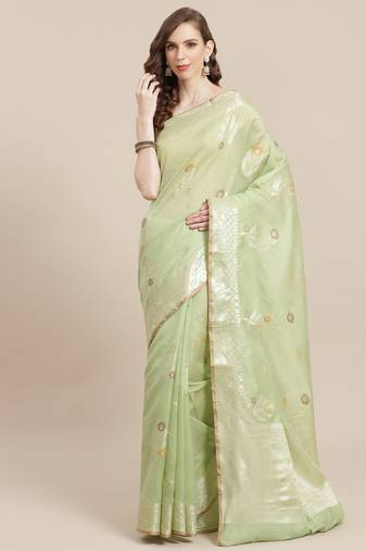 Green woven pure cotton saree with blouse