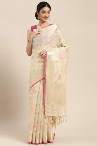 Beige woven pure cotton saree with blouse