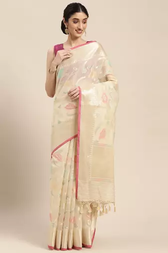 Beige woven pure cotton saree with blouse
