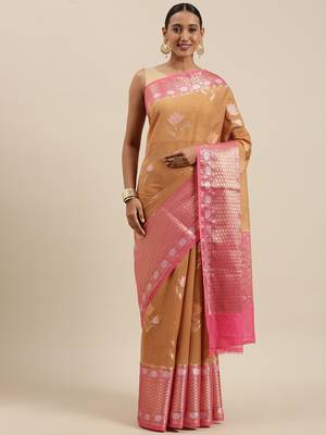 Orange woven pure cotton saree with blouse 1
