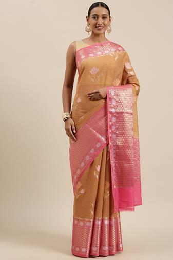Orange woven pure cotton saree with blouse