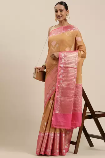 Orange woven pure cotton saree with blouse