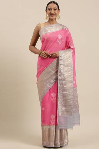 Pink woven pure cotton saree with blouse