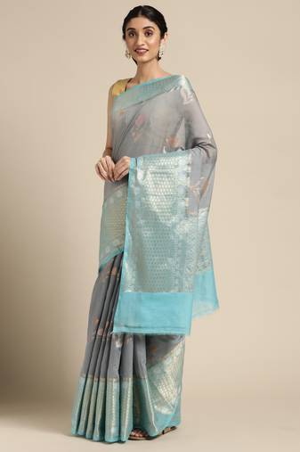 Grey woven pure cotton saree with blouse