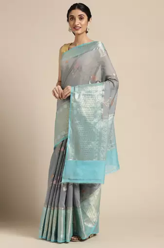 Grey woven pure cotton saree with blouse